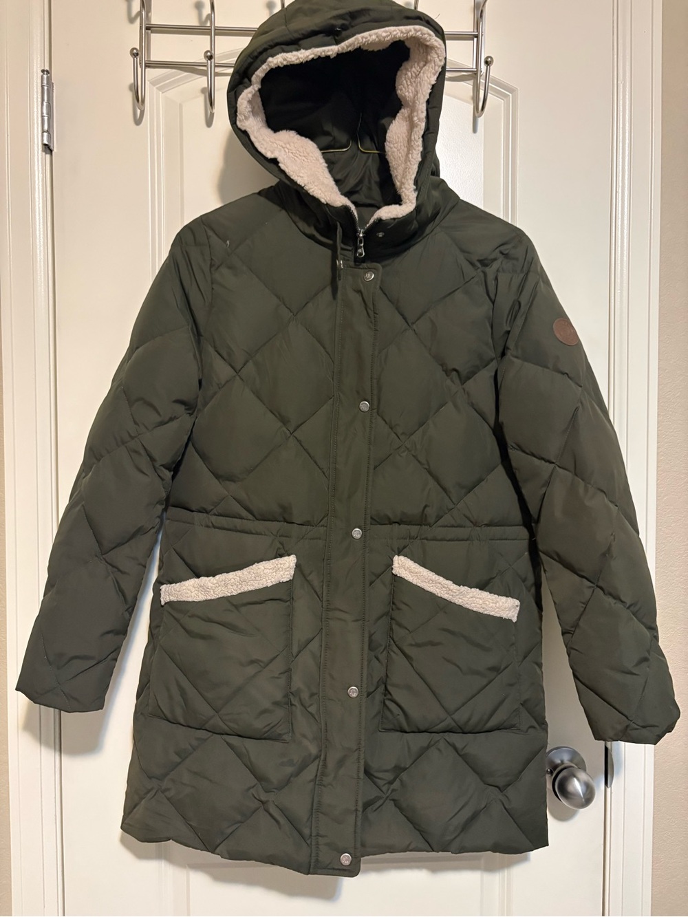 Ralph Lauren Quilted Hooded Winter Coat in Olive with Sherpa Trim